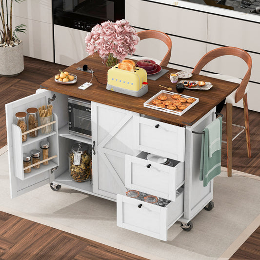 K&K 54.5' Farmhouse Kitchen Island with Power Outlet, Kitchen Storage Island  with Internal Storage Rack, Drop Leaf, Spice Rack, Rolling Kitchen Cart on Wheels, for Home, Kitchen and Dining Room,White