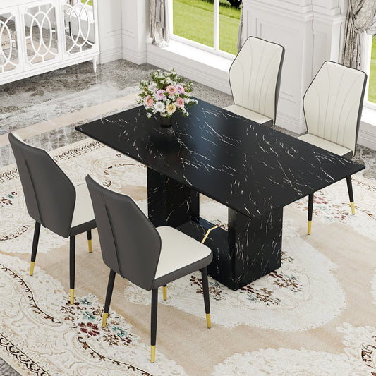 Table and chair set.Black Marble Pattern MDF Dining Set - 63'x35.4' with 4 White and dark gray spliced PU Chairs With a Widened Backrest Design.Giving you a luxurious feel.