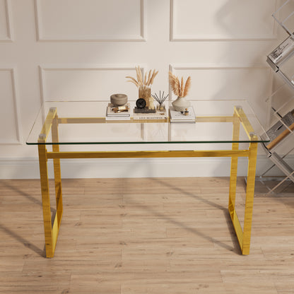 51' Modern Minimalist Rectangular Glass Dining Table for 4-6 with 0.31' Tempered Glass Tabletop and Golden Chrome Metal Legs, Writing Table Desk, for Kitchen Dining Living Room (0 damage)