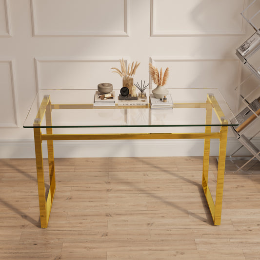 51' Modern Minimalist Rectangular Glass Dining Table for 4-6 with 0.31' Tempered Glass Tabletop and Golden Chrome Metal Legs, Writing Table Desk, for Kitchen Dining Living Room (0 damage)