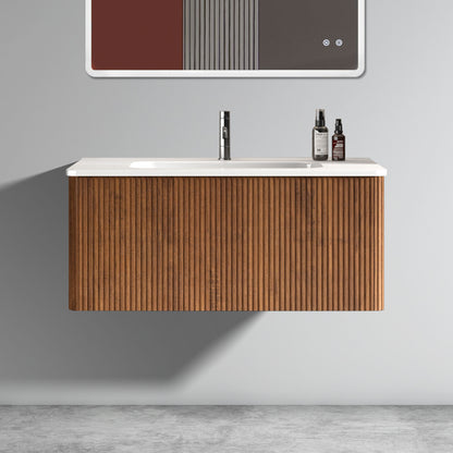 U048-Etna36W-305 Etna 36' Striped Walnut Bathroom Vanity with White Ceramic Sink, Wall Mounted Floating Bathroom Vanity for Modern Bathroom, Pre-assembled