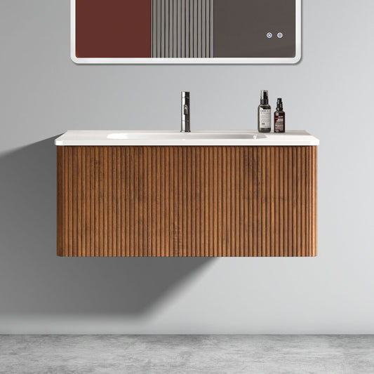 U048-Etna36W-305 Etna 36' Striped Walnut Bathroom Vanity with White Ceramic Sink, Wall Mounted Floating Bathroom Vanity for Modern Bathroom, Pre-assembled