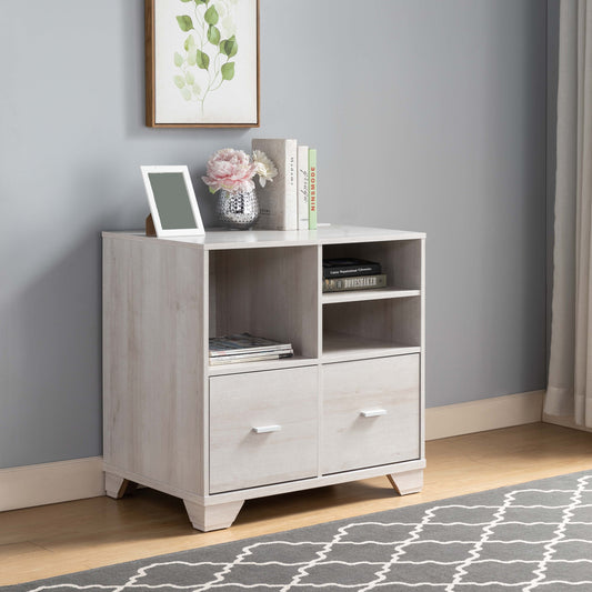 Home Office Printer Stand with Two File Cabinets and Open Shelving in White Oak