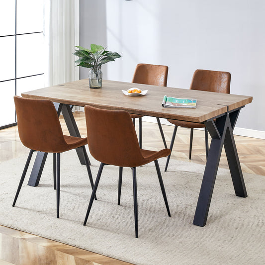 Table and chair set.63'x35.4' Wood-Textured MDF Dining Table with Black A-Frame Legs.Paired with 4 Technology fabric, square corner backrest Chairs.Density Board Sticker,Iron Pipe Spraying,