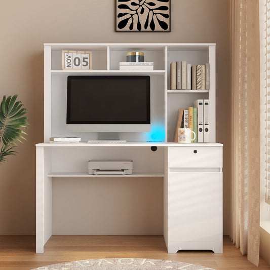Computer Desk with Hutch & Bookshelf,Wood Executive Desk Teens Student Desk Writing Laptop Home Office Desk with Drawers,3 AC Outlets and 2 USB Charging Ports,Study Laptop Table for Home(White)