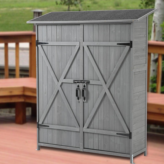 56'L x 19.5'W x 64'H Outdoor Storage Shed with Lockable Door, Wooden Tool Storage Shed w/Detachable Shelves & Pitch Roof,Gray