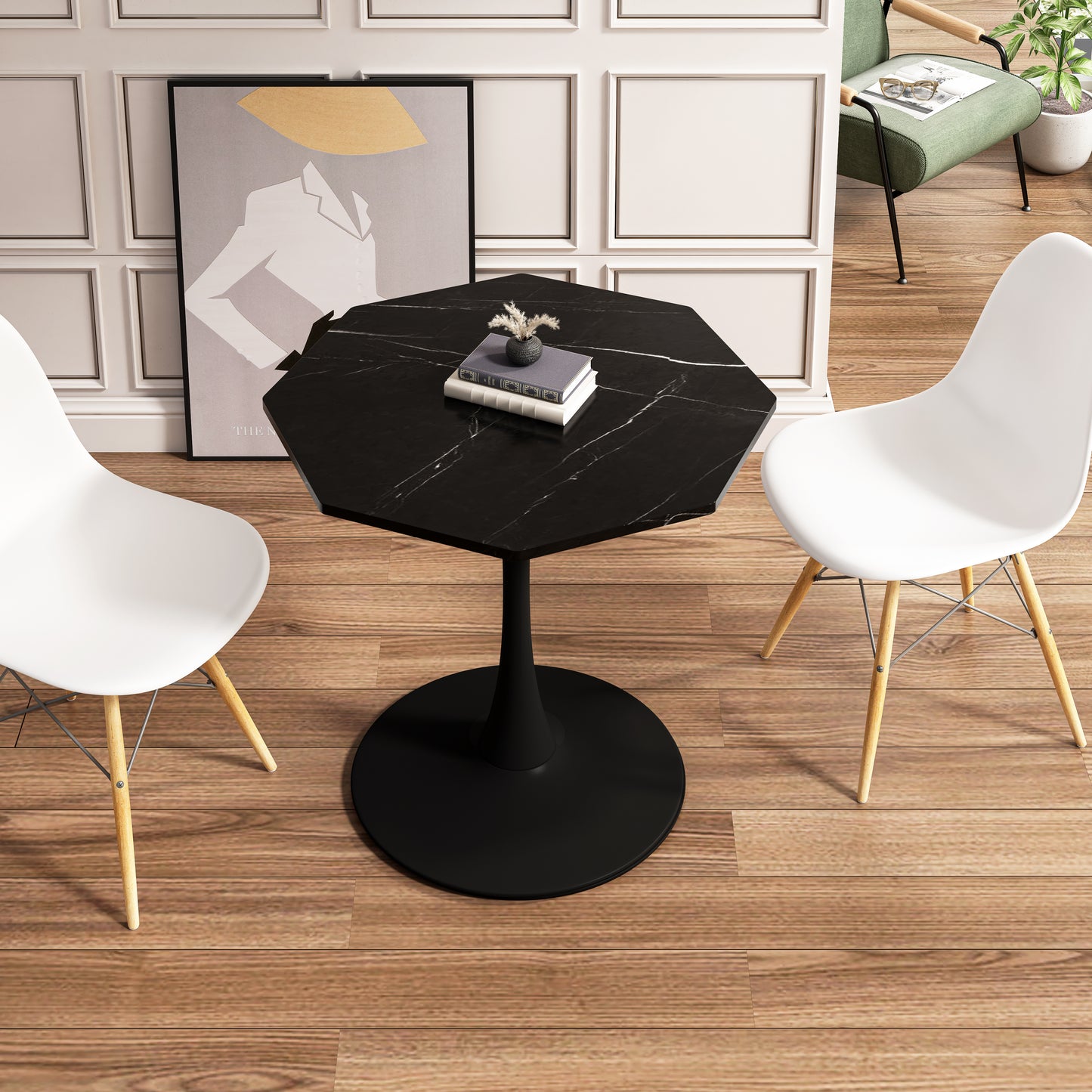 31.50'Modern Octagonal Coffee Table with Printed Black Marble Table Top,Metal Base, for Dining Room, Kitchen, Living Room