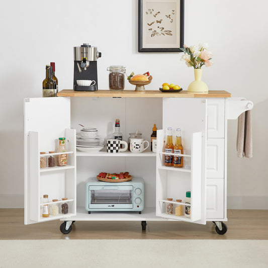 Kitchen Island with Drop Leaf Countertop, Rolling Kitchen Island Cart , Barn Door Kitchen Island Table with Storage Cabinet and Tower Rack, Island Table On Wheels for Kitchen, White