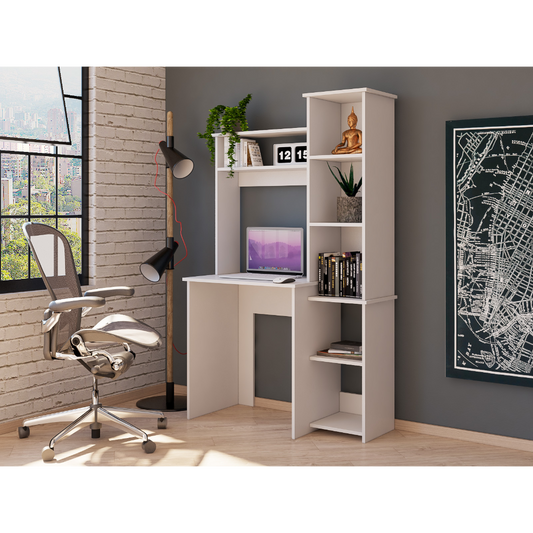 Desk, Five Shelves, Two Superior Shelves, White