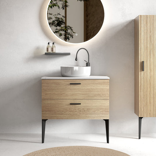 Emilia 30' Striped Natural Oak Bathroom Vanity with Ceramic Sink, Freestanding Bathroom Vanity for Modern Bathroom, KD