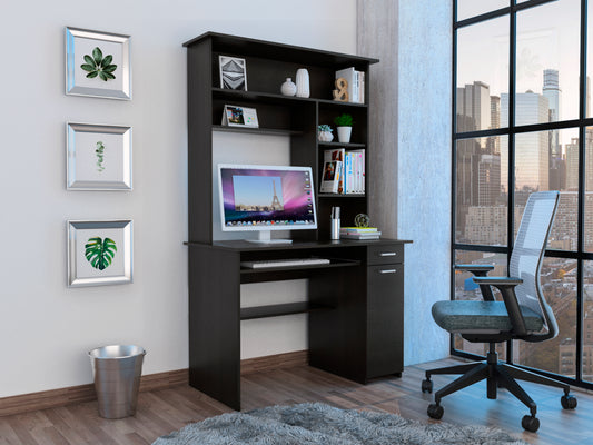 Compu 180 Hutch Desk, Multiple Shelves, Keyboard Tray, CPU anel, One Drawer -Black