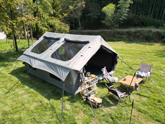 9.8 x13ft  Inflatable Camping Tents with Hand Pump, Air Glamping Tents, Easy Setup Waterproof and Windproof Blow up Tent, 4 Seasons Oxford Cabin Tent with Mesh & Chimney Window. Army green