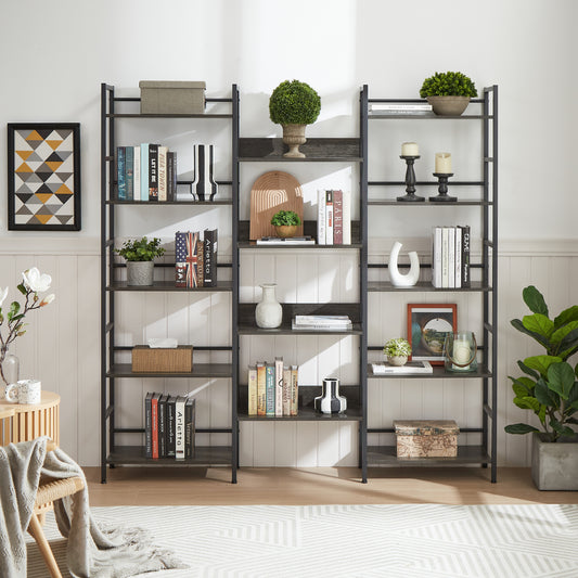 Triple Wide 5-shelf Bookshelves Industrial Retro Wooden Style Home and Office Large Open Bookshelves, Dark Grey, 69.3'W x 11.8'D x 70.1'H