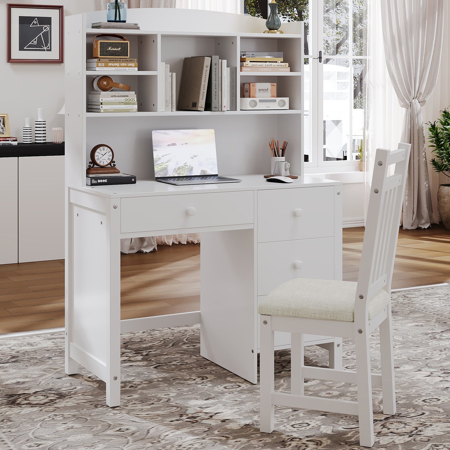 Vintage 40'' Home Executive Desk and Upholstered Chair Set with Bookshelf, Computer Desk with Four Drawers, Storage Shelf, and Chair, Ideal for Office or Study in Bedroom or Living Room,White