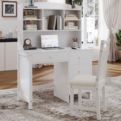 Vintage 40'' Home Executive Desk and Upholstered Chair Set with Bookshelf, Computer Desk with Four Drawers, Storage Shelf, and Chair, Ideal for Office or Study in Bedroom or Living Room,White