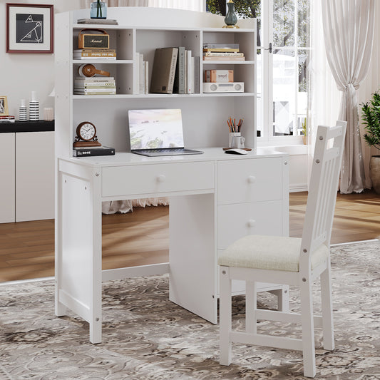 Vintage 40'' Home Executive Desk and Upholstered Chair Set with Bookshelf, Computer Desk with Four Drawers, Storage Shelf, and Chair, Ideal for Office or Study in Bedroom or Living Room,White