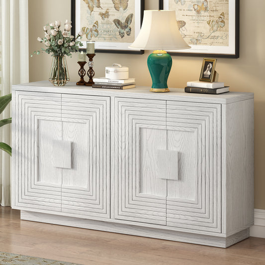 TREXM Buffet Cabinet with Storage, 4-Door Vintage Fluted Sideboard Cabinet with Adjustable Shelves for Dining Room, Kitchen, and Living Room (Antique White)