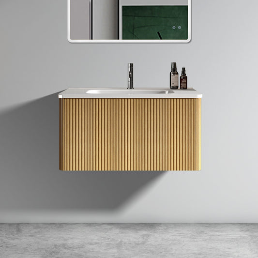 U049-Etna30W-306 Etna 30' Striped Natural Oak Bathroom Vanity with White Ceramic Sink, Wall Mounted Floating Bathroom Vanity for Modern Bathroom, One-Piece White Basin without Drain, Pre-assembled