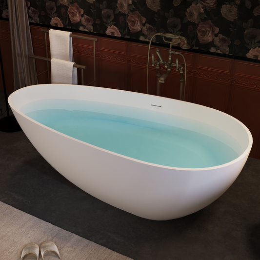 67' Freestanding Solid Surface Bathtub, Luxury Engineered Stone Resin Freestanding Soaking Bathtub with Overflow and Pop-up Drain for Contemporary Bathroom, Matte White 24S02-67MW