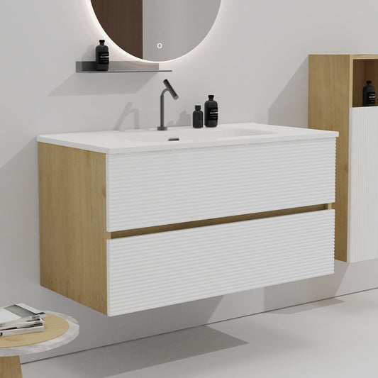 Gloria 36' Wall Mounted Snow White Matt & Natural Oak Bathroom Vanity with Integrated Ceramic Sink with Overflow, Large Storage Floating Bathroom Vanity for Modern Bathroom, Pre-assembled