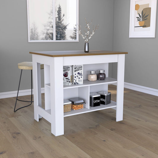 Kitchen Island, kitchen table 35' H, Four Legs, Three Open Storage Shelves, White / Walnut