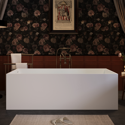 67' Freestanding Solid Surface Bathtub, Stone Resin Freestanding Bath Tub with Overflow and Pop-up Drain, Matte White 24S01-67MW