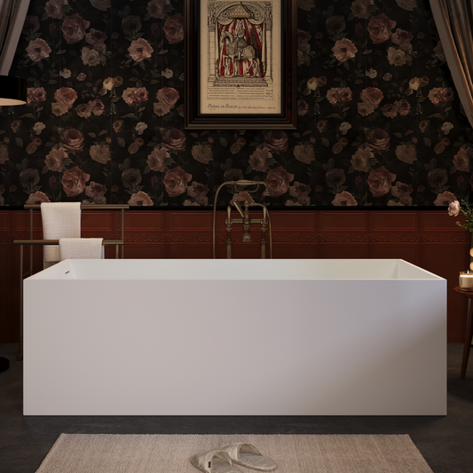 67' Freestanding Solid Surface Bathtub, Stone Resin Freestanding Bath Tub with Overflow and Pop-up Drain, Matte White 24S01-67MW