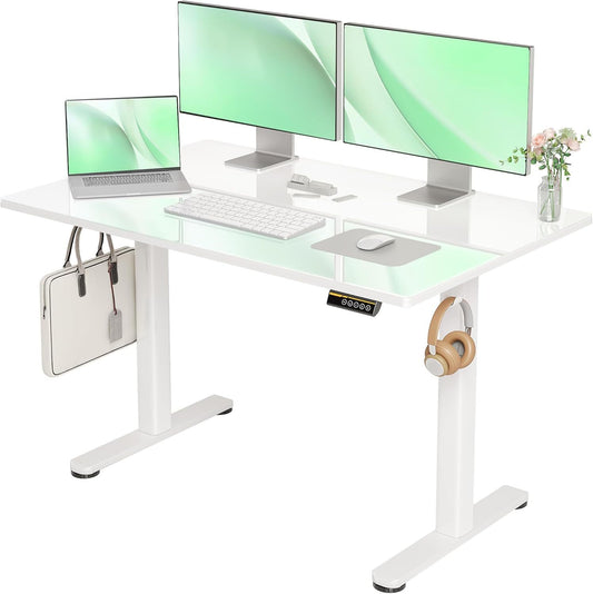 Claiks Glass Standing Desk, White Standing Desk Adjustable Height, 48 Inch Electric Stand Up Desk, Quick Install Home Office Computer Desk, Super White