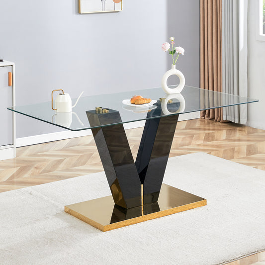 Large Modern Minimalist Rectangular Glass Dining Table for 6-8 with 0.4' Tempered Glass Tabletop and MDF slab V-Shaped Bracket and metal base,For Kitchen Dining Living Meeting Room Banquet Hall F-V