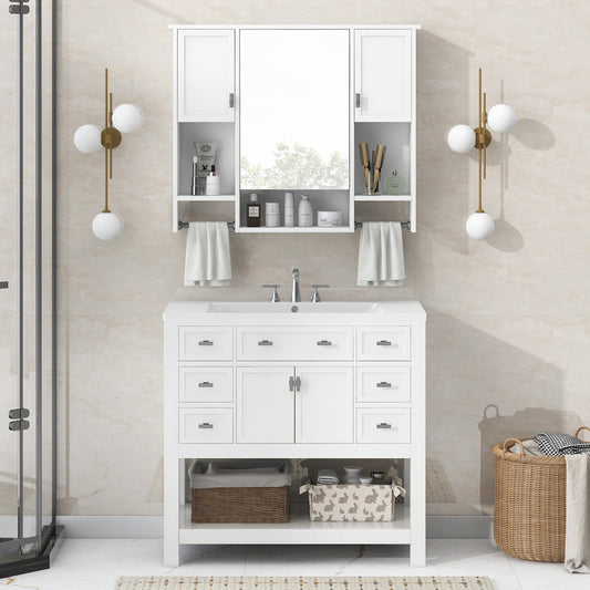 36'' Bathroom Vanity with Top Sink, Modern Mirror Cabinet with Towels Bar, Bathroom Storage Cabinet with 2 Soft Closing Doors and 6 Drawers, Single Sink Bathroom Vanity