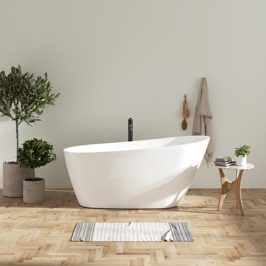 59' Acrylic Freestanding Bathtub, Modern & Contemporary Design Soaking Tub with Toe-tap Drain in Chrome and Classic Slotted Overflow, Glossy White, cUPC Certified, 02141