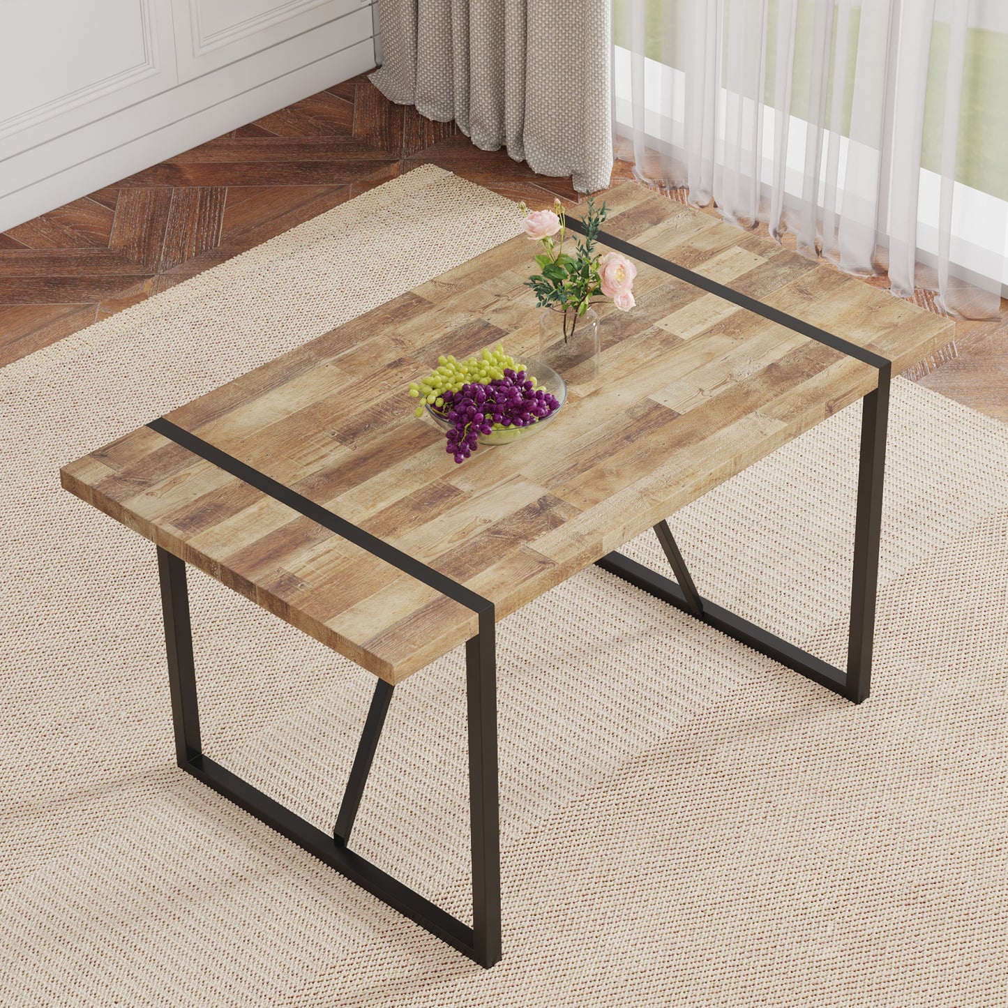 A minimalist retro rectangular dining table with a specially textured top and black metal legs.Contemporary Minimalist MDF Wood Color Textured Tabletop.Able To Give People A Visual Beauty With Rules.