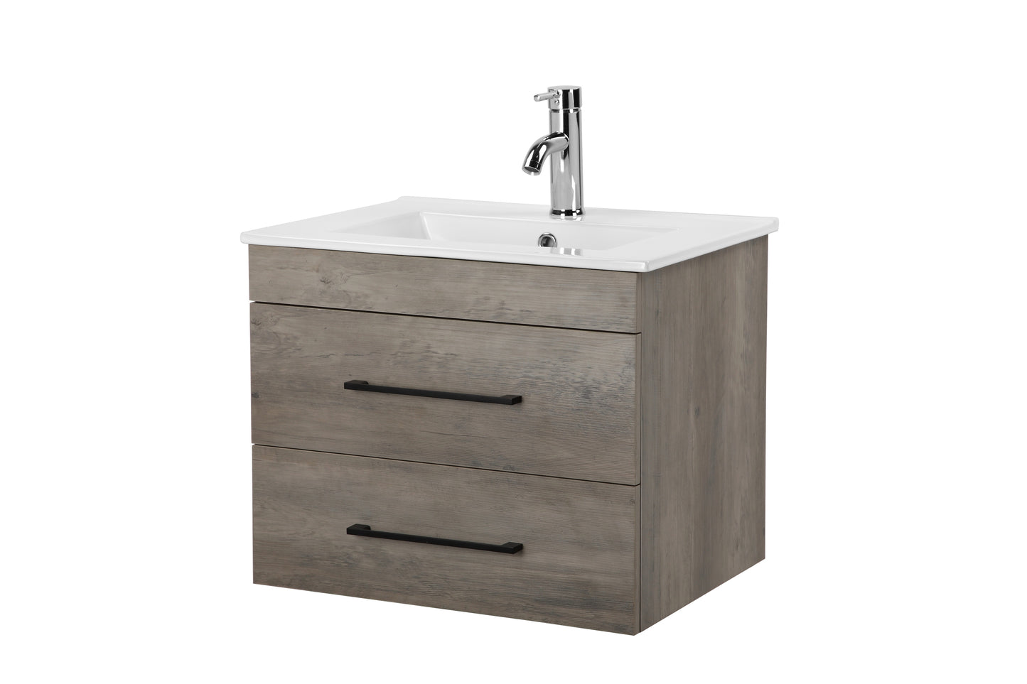 24-Inch Grey Wood Grain Wall-Mounted Bathroom Vanity with Double Drawers, Soft-Close System,White Ceramic Sink,  – Create a Modern and Minimalist Bathroom Space!