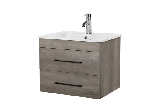24-Inch Grey Wood Grain Wall-Mounted Bathroom Vanity with Double Drawers, Soft-Close System,White Ceramic Sink,  – Create a Modern and Minimalist Bathroom Space!