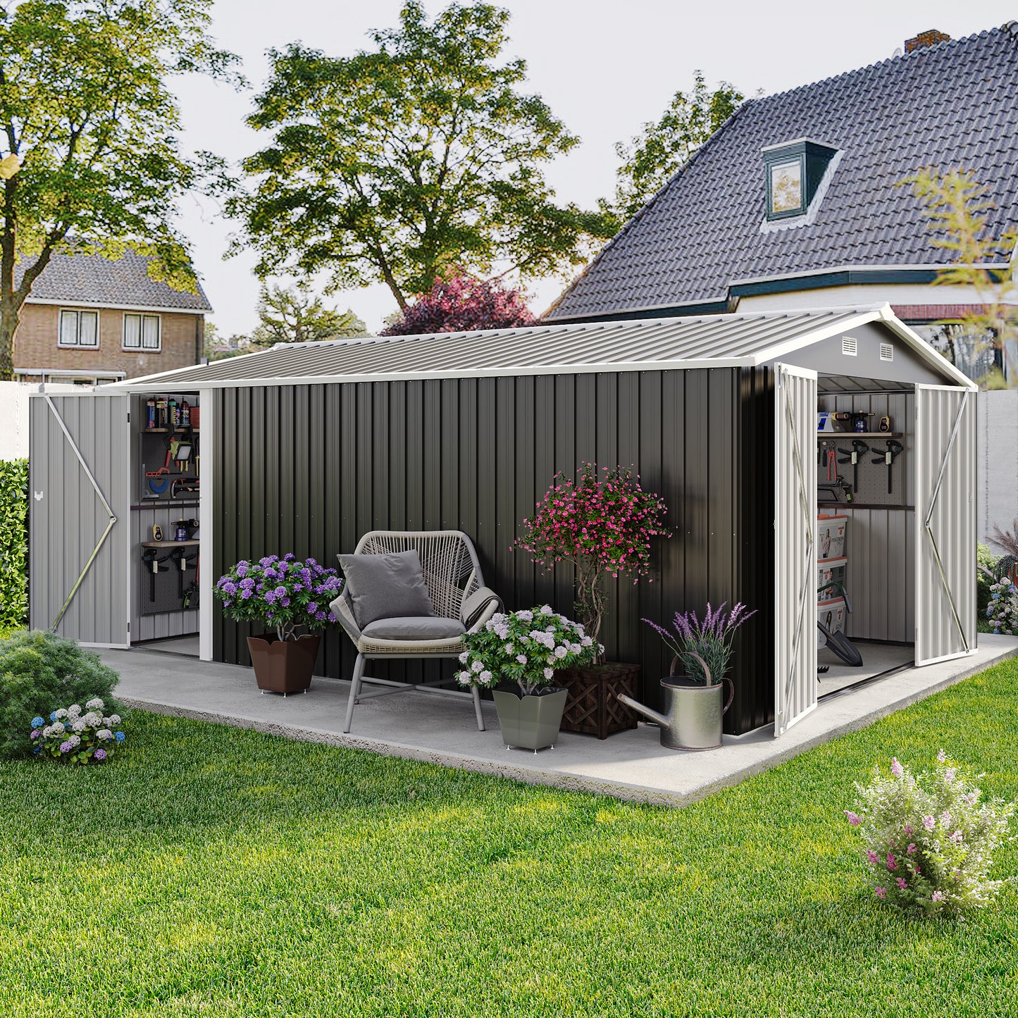 Campcraft  Outdoor Storage Shed 10×14 FT with 3 Lockable Doors,Utility Tool Shed Metal Storage Garden Sheds  Frame and 4 Vents,for Backyard,Patio,Lawn,dark Grey