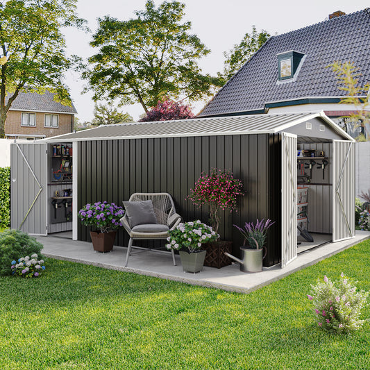 Campcraft  Outdoor Storage Shed 10×14 FT with 3 Lockable Doors,Utility Tool Shed Metal Storage Garden Sheds  Frame and 4 Vents,for Backyard,Patio,Lawn,dark Grey