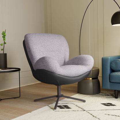 360° Swivel Office Chair, Modern Chenille Chair with Faux Leather and Black Metal Base Frame, No Wheels, Accent Chair for Small Spaces, Living Room, Bedroom, Reading Corner, Office, Light Gray