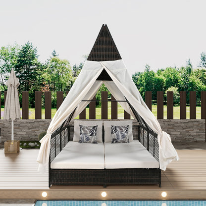 Outdoor Daybed Patio Lounge Bed with Adjustable Backrest Outdoor Double Sun Lounger with Curtains, 4 Pillows for Garden Patio Poolside Balcony Beach, Cream
