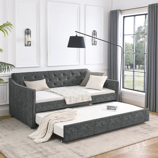 Twin Size Daybed with Twin Size Trundle Upholstered Tufted Sofa Bed,  Waved Shape Arms, Grey (80.5'x44.5'x33.5')