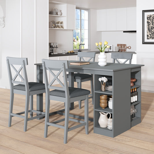 TOPMAX 60'Lx30'W Solid Wood Farmhouse Counter Height Dining Table Set with 3-Tier Storage Shelves, Upholstered Dining Chairs for 4, 5-Piece, Gray (OLD SKU: SP000041AAE)