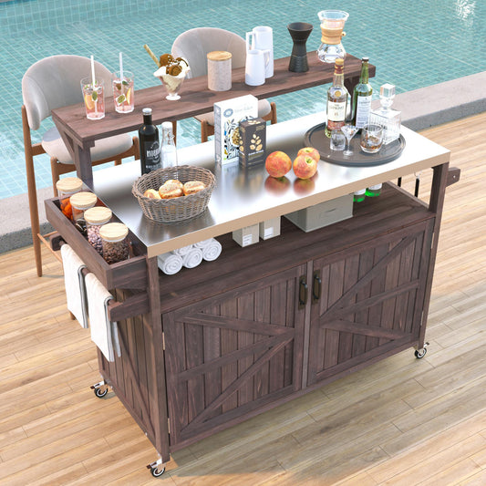 K&K 53.3' Outdoor Kitchen Island with Raised Shelf, Solid Wood Storage Cabinet with Stainless Steel Top, Outdoor Rolling Grill Cart with Internal Storage Rack, Adjustable Shelf, Spice Rack, Brown