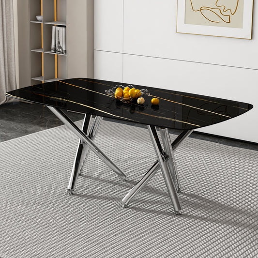 Large modern minimalist rectangular dining table with 0.39 'imitation marble black tabletop and silver metal legs, suitable for kitchens, living rooms, conference rooms, and banquet halls 1538