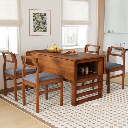 TOPMAX Modern 5-Piece 47.2'' Extendable Wood Square Dining Table Set with Two 11.8-inch Drop Leaves, Compact Storage Shelf Kitchen Table Set with Upholstered Chairs for 4, Brown