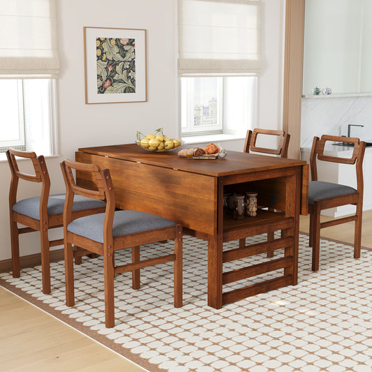 TOPMAX Modern 5-Piece 47.2'' Extendable Wood Square Dining Table Set with Two 11.8-inch Drop Leaves, Compact Storage Shelf Kitchen Table Set with Upholstered Chairs for 4, Brown