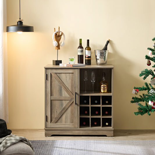 Wine Bar Cabinet for Liquor and Glasses, Farmhouse Coffee Bar, Cabinet with Wine Rack Barn Door Buffet Sideboard Cabinet with Drawer, Adjustable Storage Shelves, 31.5'*15.75'*31.5'Gray Wash