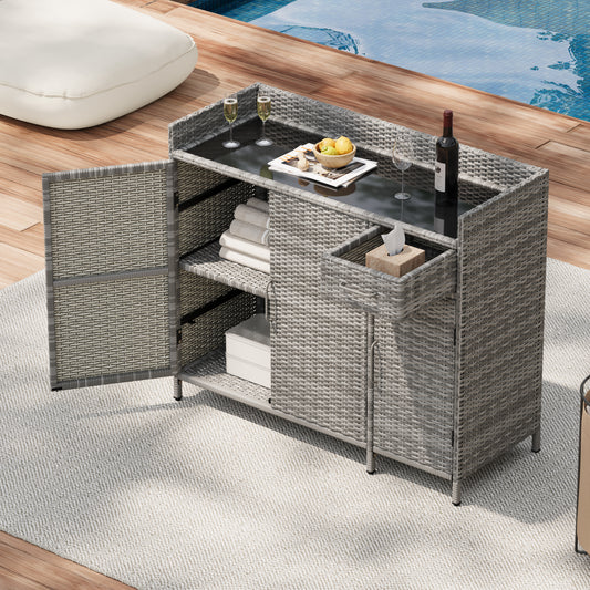 K&K 47.5'W Wicker Outdoor Storage Cabinet with Tempered Glass Desktop, Weather-proof Rattan Bar Table with Three Doors, Adjustable Shelf, and One Drawer, for Outdoor Cushions, Pool Toys , Grey