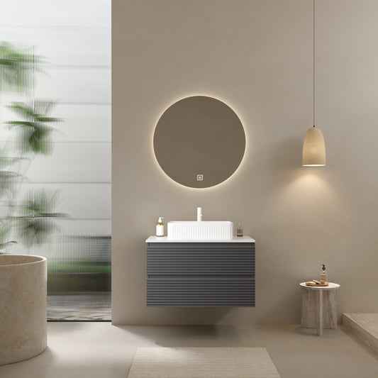 VEDO 30' Bathroom Vanity with Vessel Sink, Wall-Mounted Floating Plywood Striped Bathroom Storage Cabinet with 2 Drawers, White Ceramic Basin and Carrara White Countertop, without Faucet, Gray Color