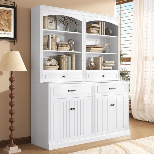 White Bathroom Storage Cabinet with Four Doors, Drawers, Adjustable Shelf & Six Open Shelves – Durable MDF Construction, Combo