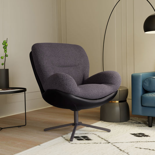 360° Swivel Office Chair, Modern Chenille Chair with Faux Leather and Black Metal Base Frame, No Wheels, Accent Chair for Small Spaces, Living Room, Bedroom, Reading Corner, Office, Dark Gray