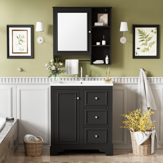 30-inch bathroom vanity with sink, modern elegant bathroom storage cabinet with 3 drawers and adjustable shelves, freestanding vanity set with mirror cabinet, single sink bathroom vanity